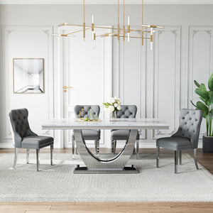 DT024SMW 7-Piece MDF Dining Set + 6 Grey Velvet Chairs (Silver)