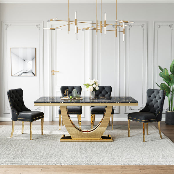 DT024GMB 7-Piece MDF Dining Set + 6 Black Velvet Chairs (Gold)