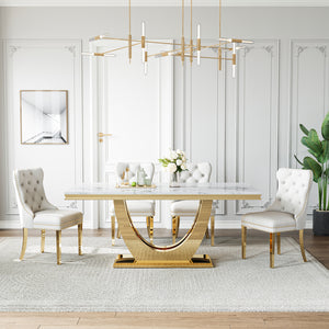 DT024GMW 7-Piece MDF Dining Set + 6 White Velvet Chairs (Gold)