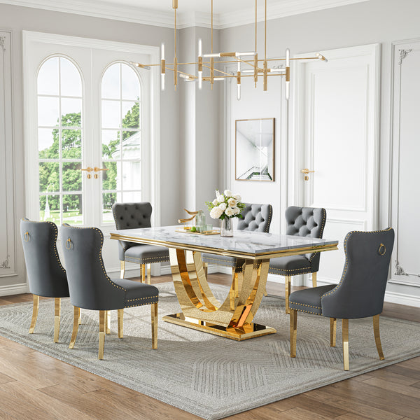 DT024GMW 7-Piece MDF Dining Set + 6 Grey Velvet Chairs (Gold)