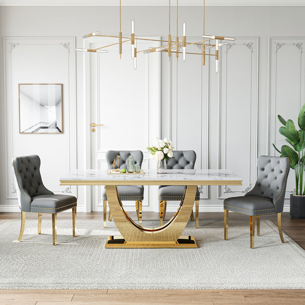 DT024GMW 7-Piece MDF Dining Set + 6 Grey Velvet Chairs (Gold)