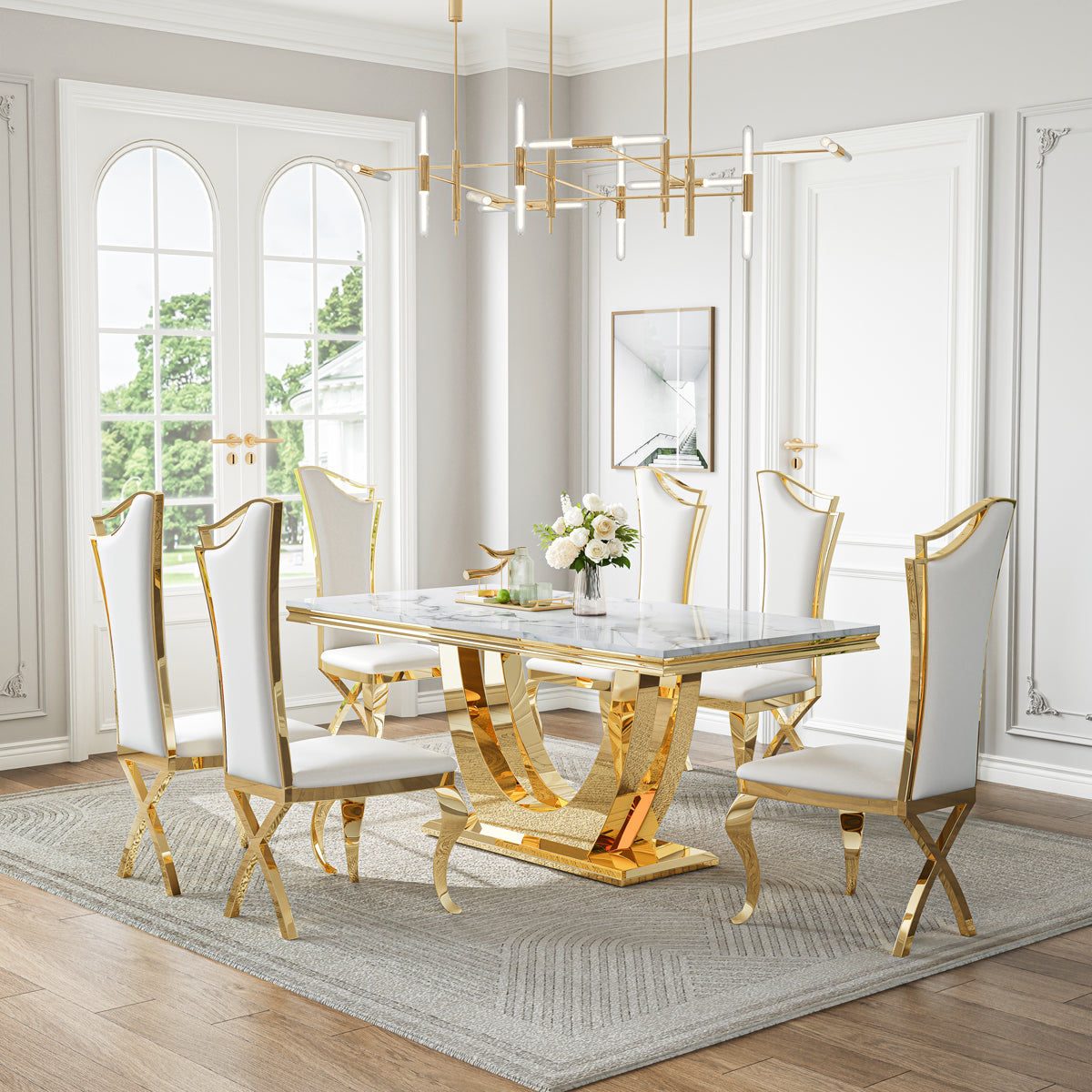 DT024GMW 7-Piece MDF Dining Set + 6 White Velvet Chairs (Gold)