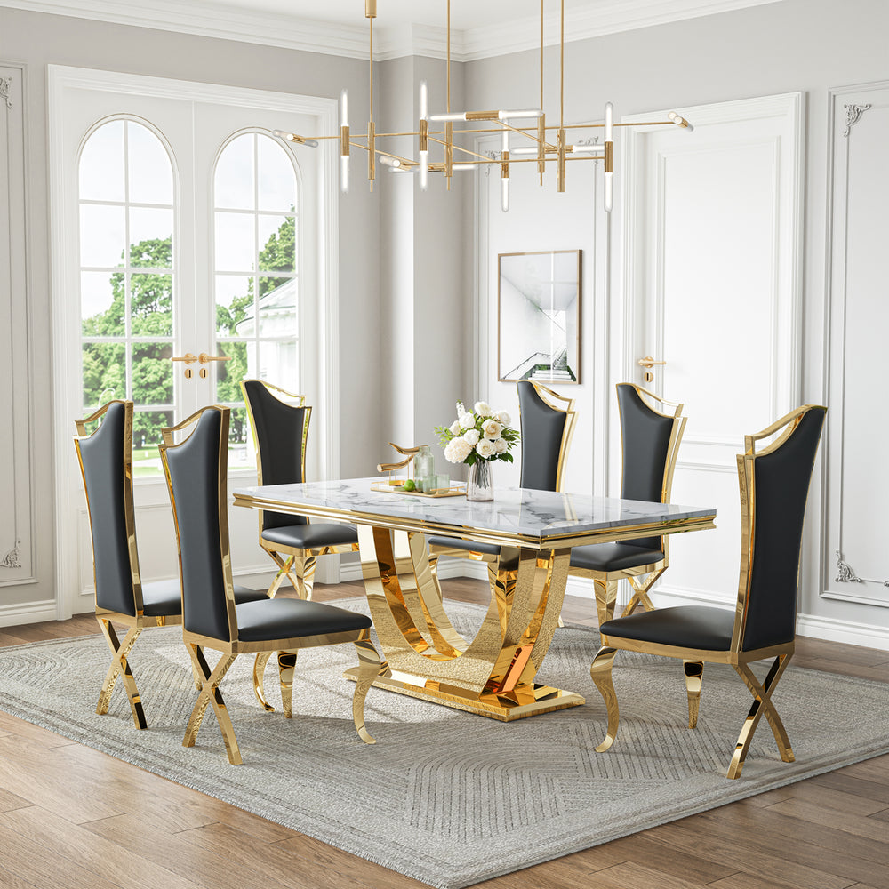 DT024GMW 7-Piece MDF Dining Set + 6 White Velvet Chairs (Gold)