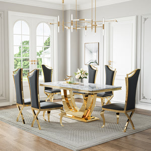 DT024GMW 7-Piece MDF Dining Set + 6 White Velvet Chairs (Gold)