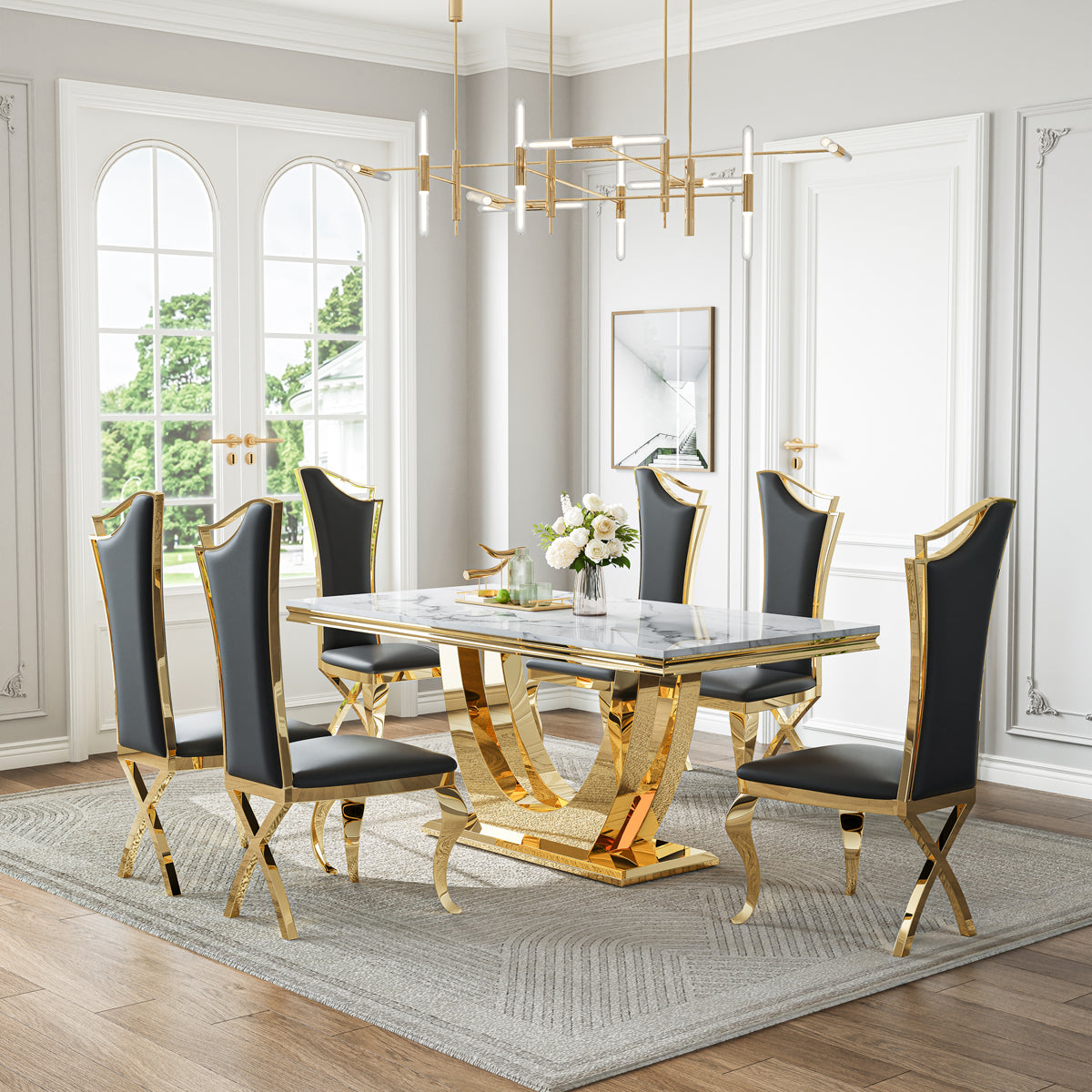 DT024GMW 7-Piece MDF Dining Set + 6 White Velvet Chairs (Gold)