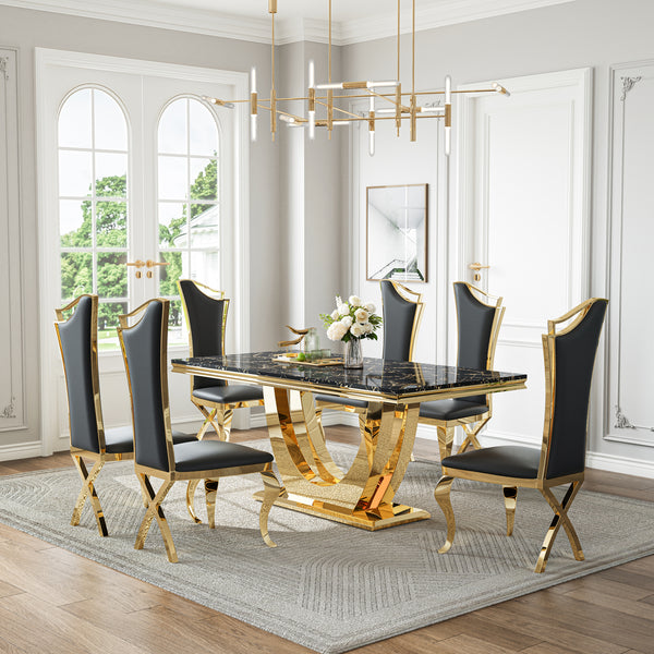 DT024GMB 7-Piece MDF Dining Set + 6 Black Velvet Chairs (Gold)