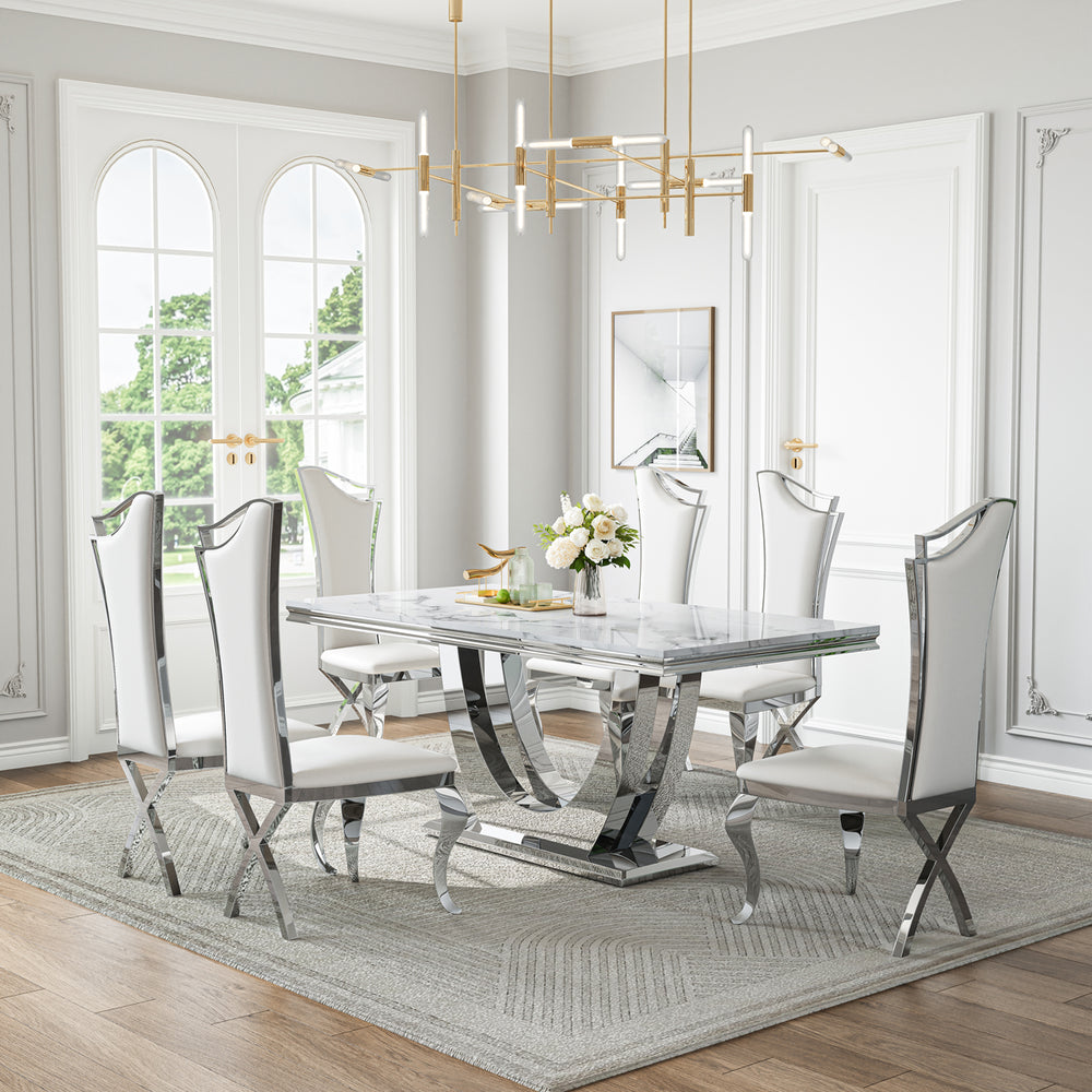 DT024SMW 7-Piece MDF Dining Set + 6 White Velvet Chairs (Silver)