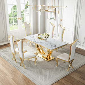 DT024GMW 7-Piece MDF Dining Set + 6 White Velvet Chairs (Gold)