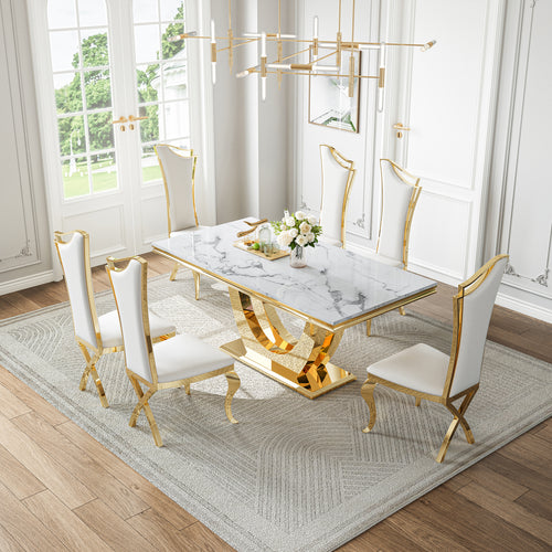 DT024GMW 7-Piece MDF Dining Set + 6 White Velvet Chairs (Gold)