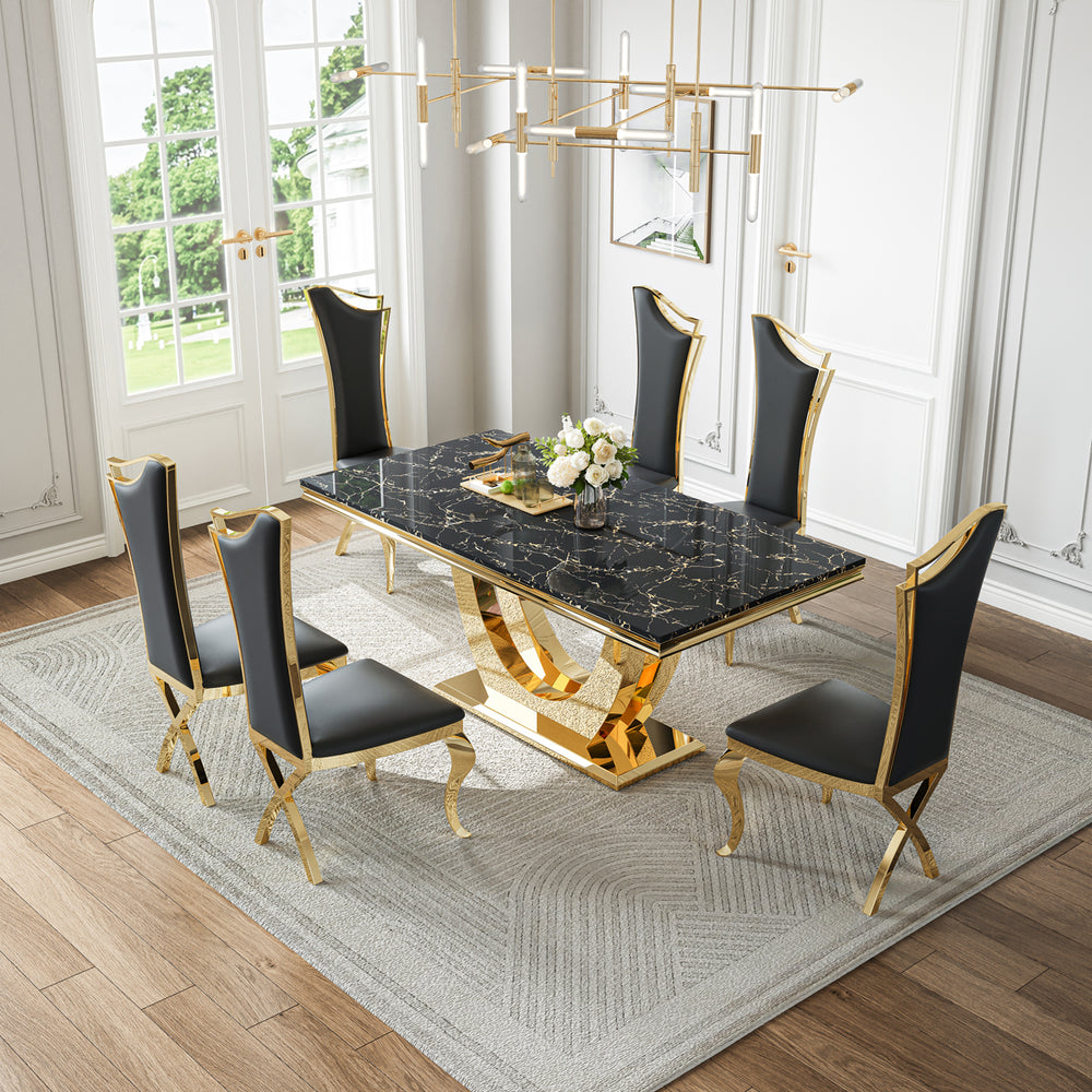 DT024GMB 7-Piece MDF Dining Set + 6 Black Velvet Chairs (Gold)