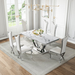 DT024SMW 7-Piece MDF Dining Set + 6 White Velvet Chairs (Silver)