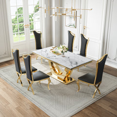 DT024GMW 7-Piece MDF Dining Set + 6 White Velvet Chairs (Gold)