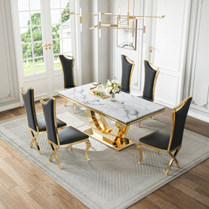 DT024GMW 7-Piece MDF Dining Set + 6 White Velvet Chairs (Gold)