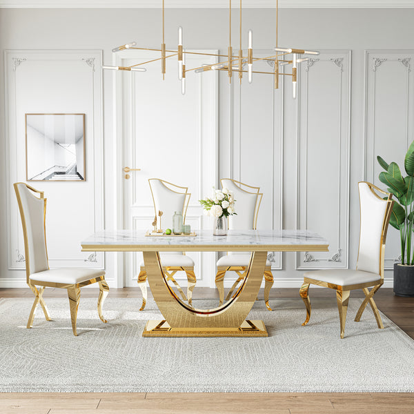 DT024GMW 7-Piece MDF Dining Set + 6 White Velvet Chairs (Gold)
