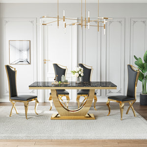 DT024GMB 7-Piece MDF Dining Set + 6 Black Velvet Chairs (Gold)