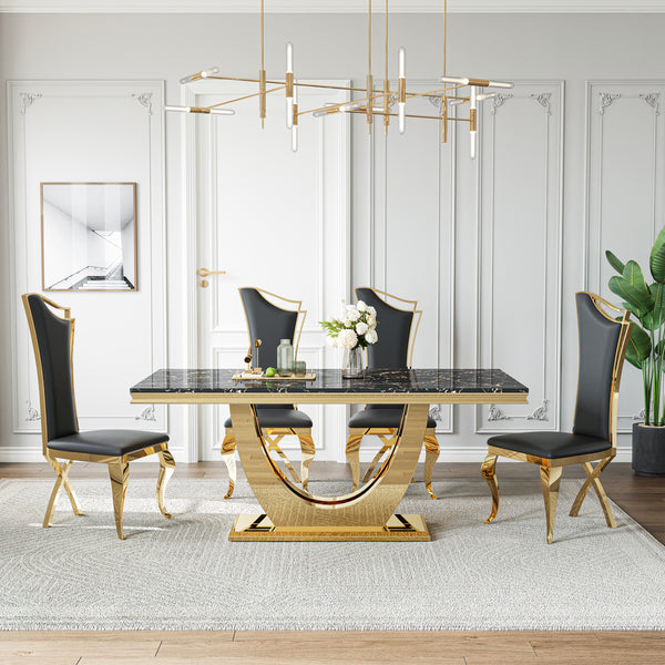 DT024GMB 7-Piece MDF Dining Set + 6 Black Velvet Chairs (Gold)