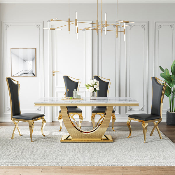 DT024GMW 7-Piece MDF Dining Set + 6 White Velvet Chairs (Gold)