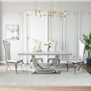 DT024SMW 7-Piece MDF Dining Set + 6 White Velvet Chairs (Silver)