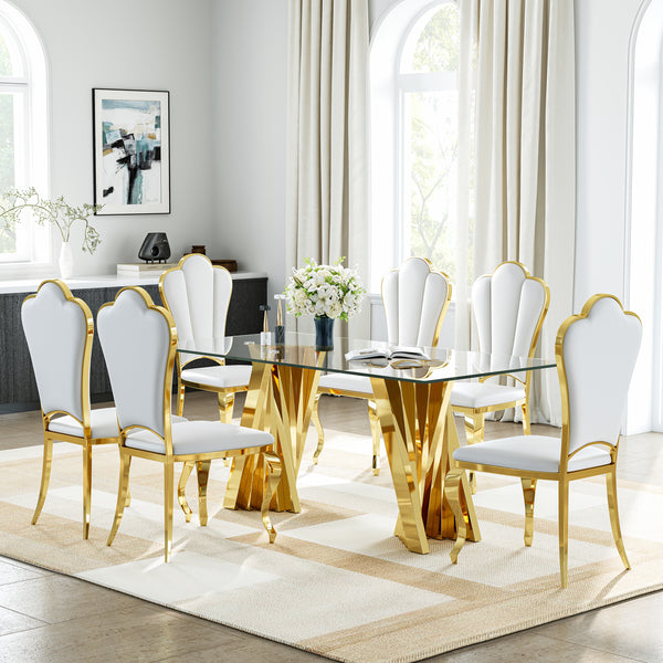 DT031G 7-Piece Glass Dining Set + 6 White PU Chairs (Gold)