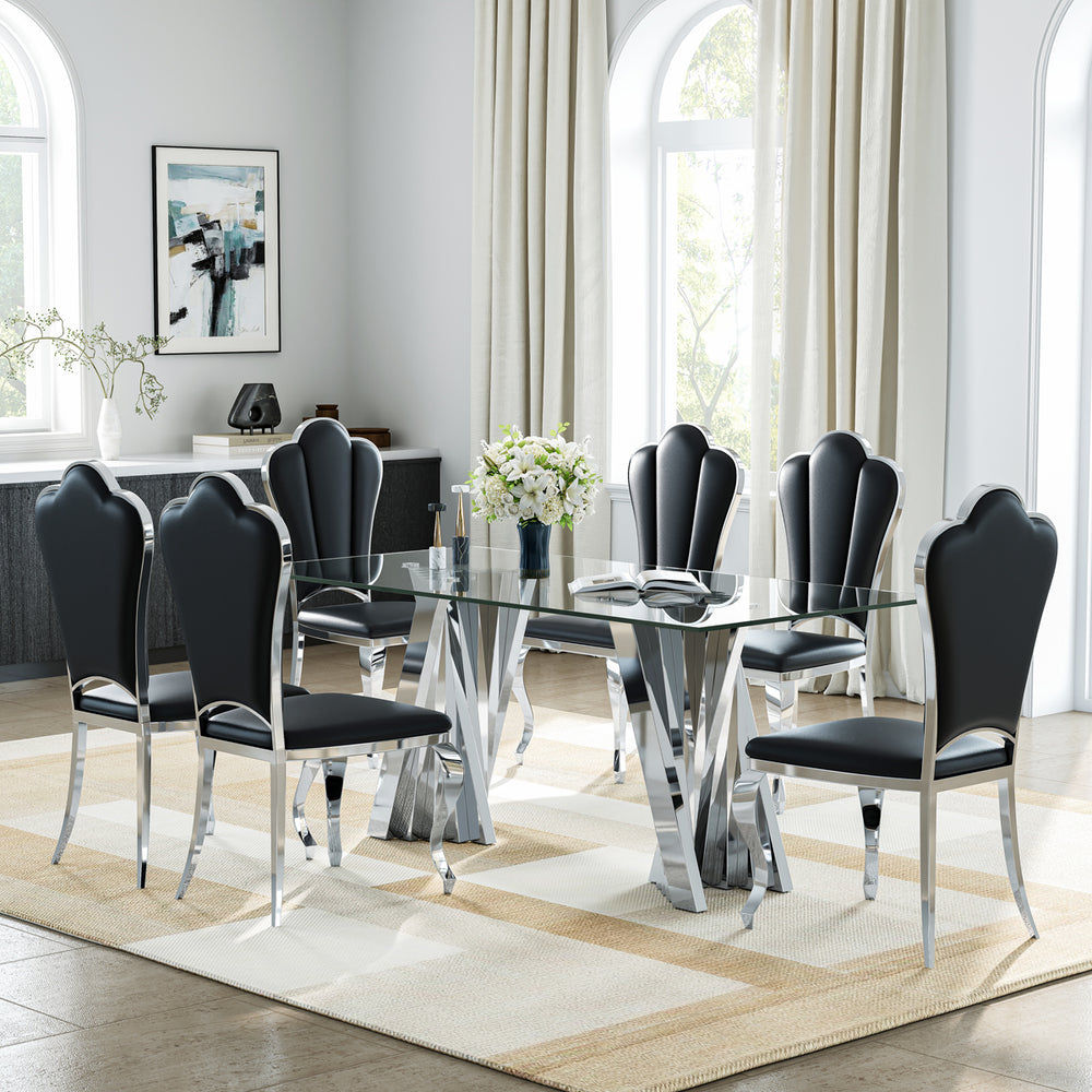 DT031S 7-Piece Glass Dining Set + 6 Black PU Chairs (Silver)