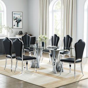 DT031S 7-Piece Glass Dining Set + 6 Black PU Chairs (Silver)