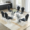 DT031S 7-Piece Glass Dining Set + 6 Black PU Chairs (Silver)