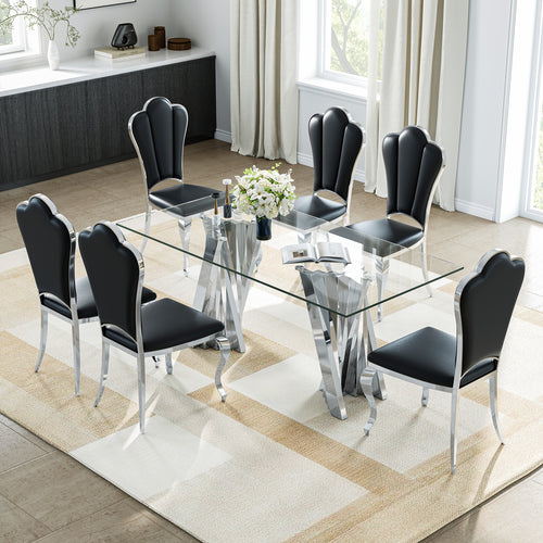 DT031S 7-Piece Glass Dining Set + 6 Black PU Chairs (Silver)