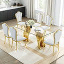 DT031G 7-Piece Glass Dining Set + 6 White PU Chairs (Gold)