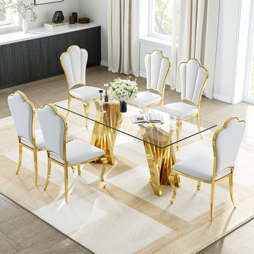 DT031G 7-Piece Glass Dining Set + 6 White PU Chairs (Gold)