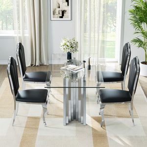 DT031S 7-Piece Glass Dining Set + 6 Black PU Chairs (Silver)
