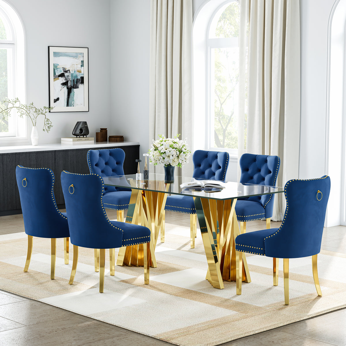 DT031G 7-Piece Glass Dining Set + 6 Blue Velvet Chairs (Gold)