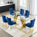 DT031G 7-Piece Glass Dining Set + 6 Blue Velvet Chairs (Gold)