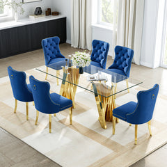 DT031G 7-Piece Glass Dining Set + 6 Blue Velvet Chairs (Gold)