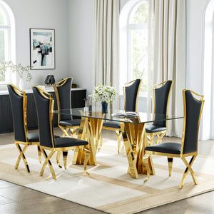 DT031G 7-Piece Glass Dining Set + 6 Black PU Chairs (Gold)