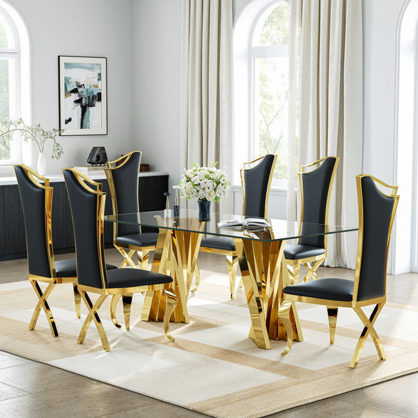 DT031G 7-Piece Glass Dining Set + 6 Black PU Chairs (Gold)