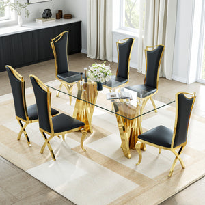 DT031G 7-Piece Glass Dining Set + 6 Black PU Chairs (Gold)
