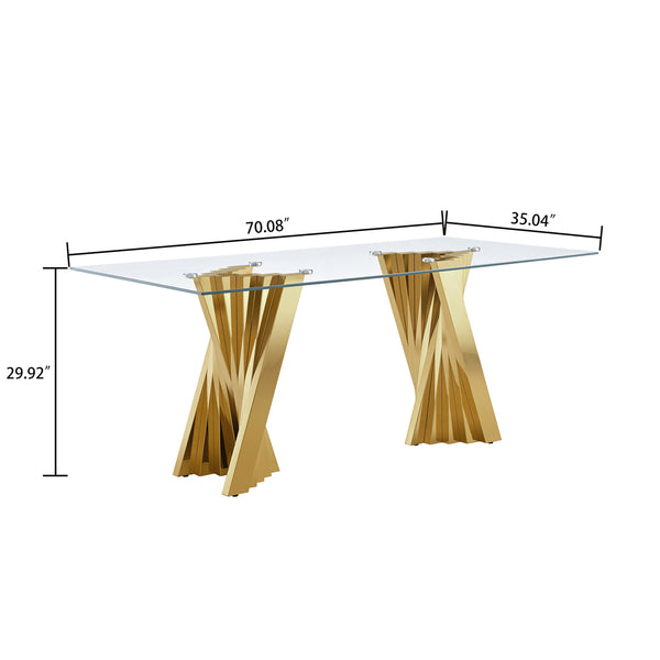 DT031G 7-Piece Glass Dining Set + 6 Black PU Chairs (Gold)