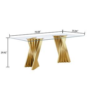 DT031G 7-Piece Glass Dining Set + 6 White PU Chairs (Gold)