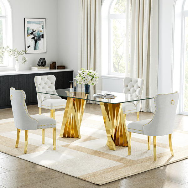 DT031G 5-Piece Glass Dining Set + 4 White Velvet Chairs (Gold)
