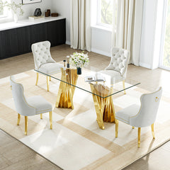 DT031G 5-Piece Glass Dining Set + 4 White Velvet Chairs (Gold)