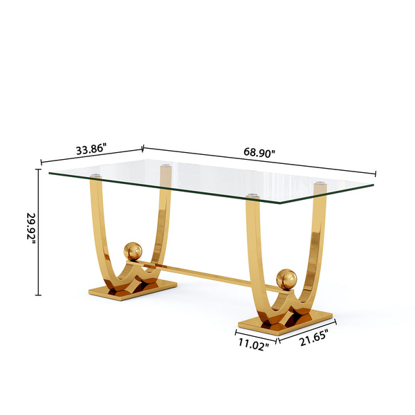 DT0326G 7-Piece Rectangular Glass Dining Set + 6 White PU Chairs (Gold)