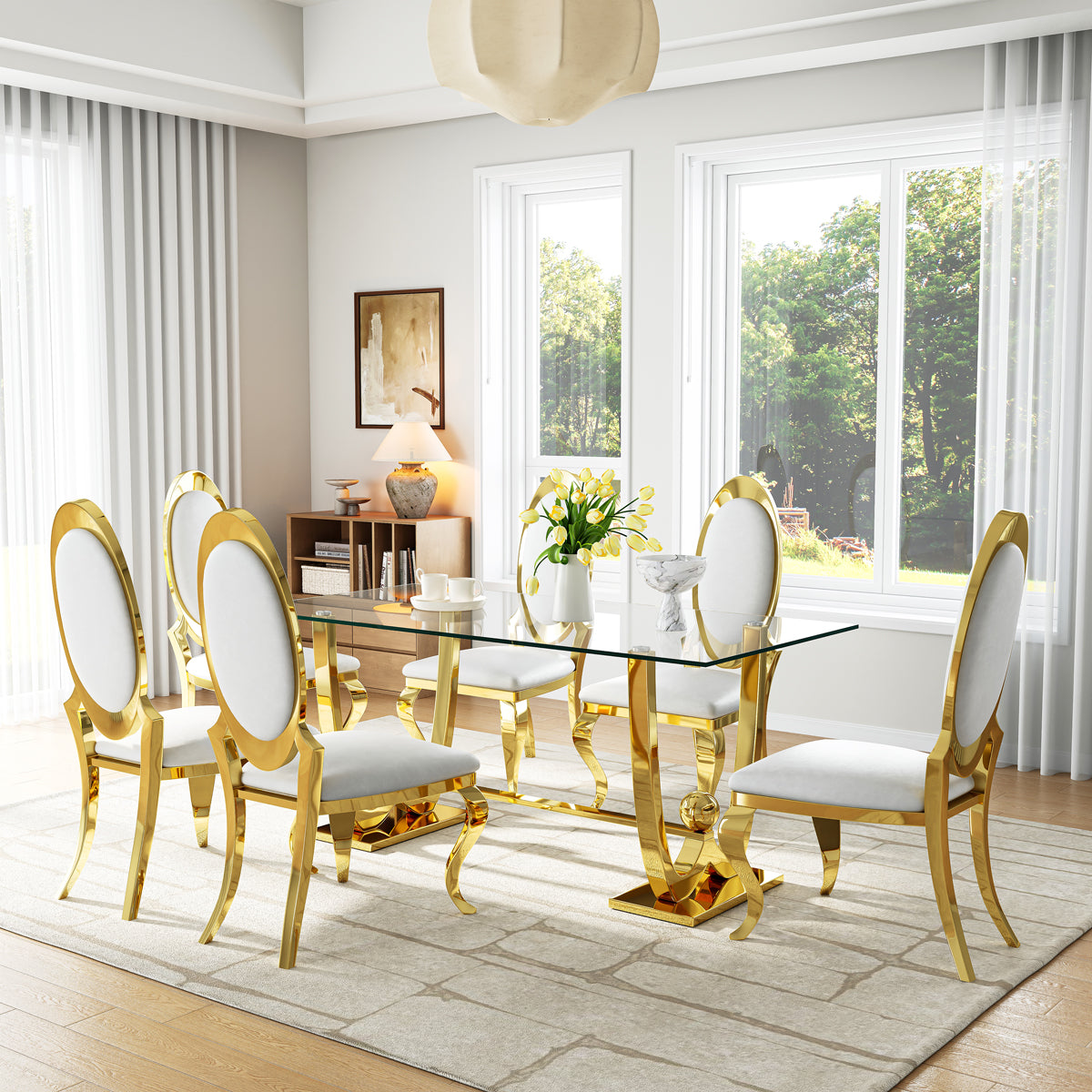 DT0326G 7-Piece Rectangular Glass Dining Set + 6 White PU Chairs (Gold)