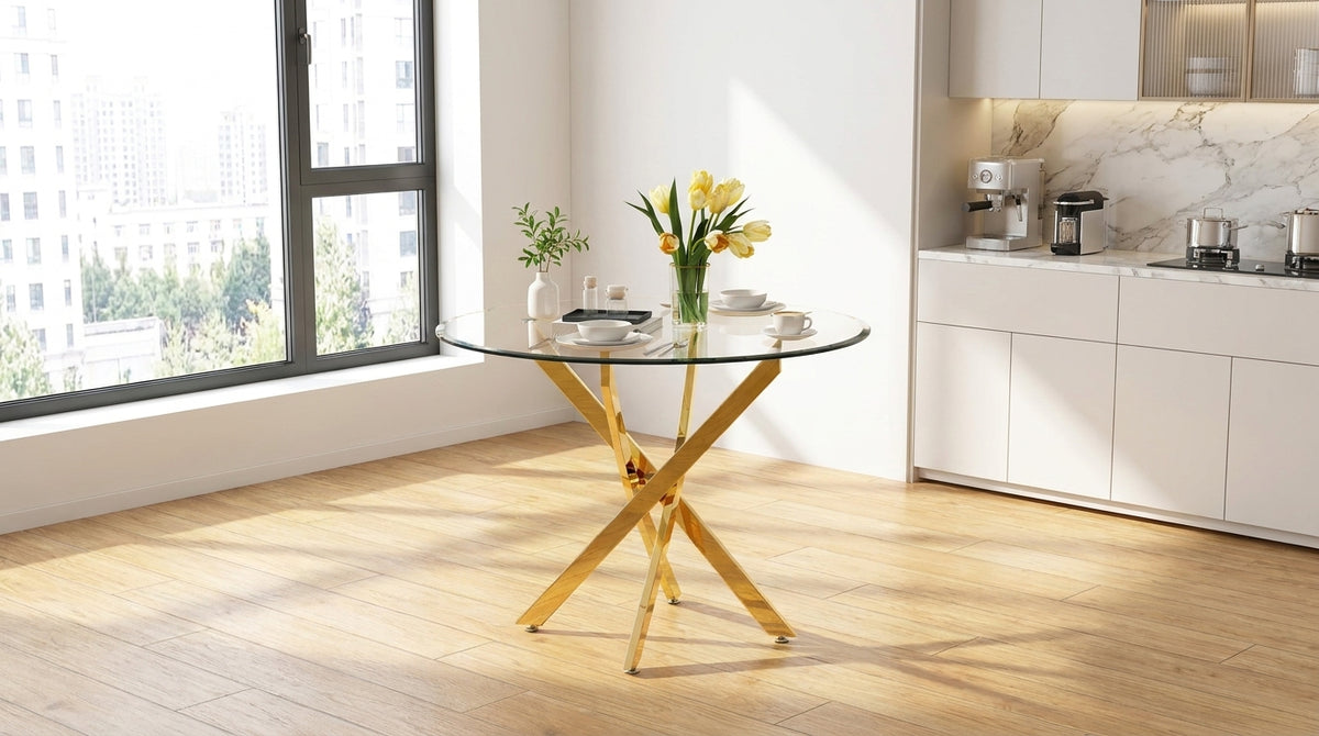 Crystal 36 Inch Round Glass Dining Table - Elevate Every Meal - Zemorn
