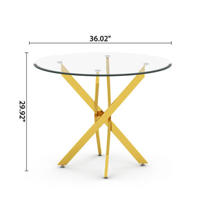 DT666G 5-Piece 36" Glass Dining Set + 4 Black Velvet Chairs (Gold) ZEMORN