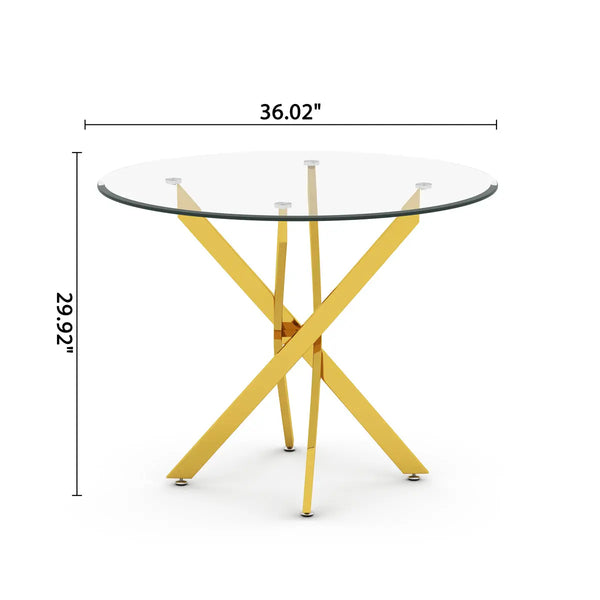 DT666G 5-Piece 36" Glass Dining Set + 4 Blue Velvet Chairs (Gold) ZEMORN