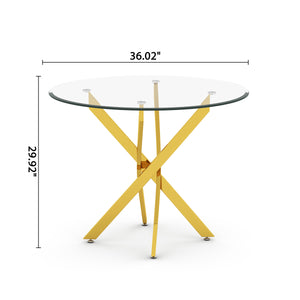 DT666G 5-Piece 36" Glass Dining Set + 4 White Velvet Chairs (Gold) ZEMORN