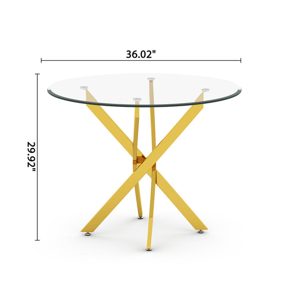 DT666G 5-Piece 36" Glass Dining Set + 4 White Velvet Chairs (Gold) ZEMORN