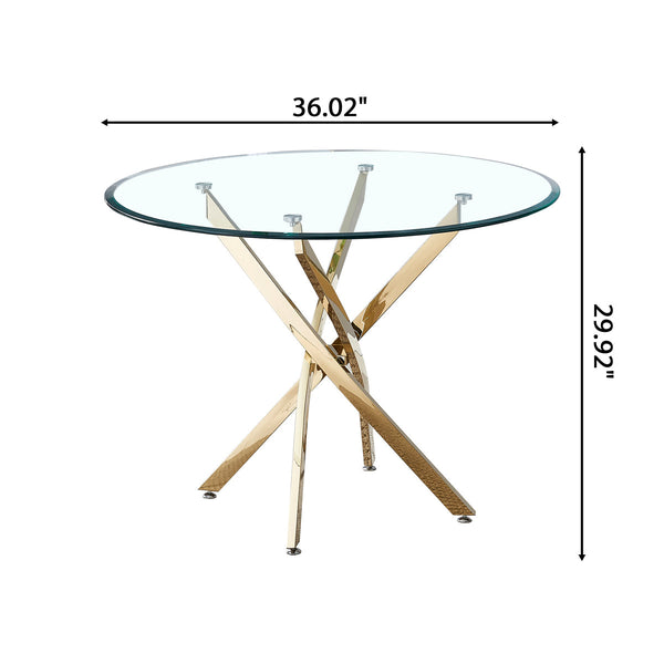DT666G 5-Piece 36" Glass Dining Set + 4 Grey PU Chairs (Gold) ZEMORN