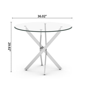 DT666S 5-Piece 36" Glass Dining Set + 4 Grey PU Chairs (Silver) Zemorn