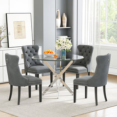 DT666S 5-Piece 36" Glass Dining Set + 4 Grey Velvet Chairs (Silver/Wood) Zemorn